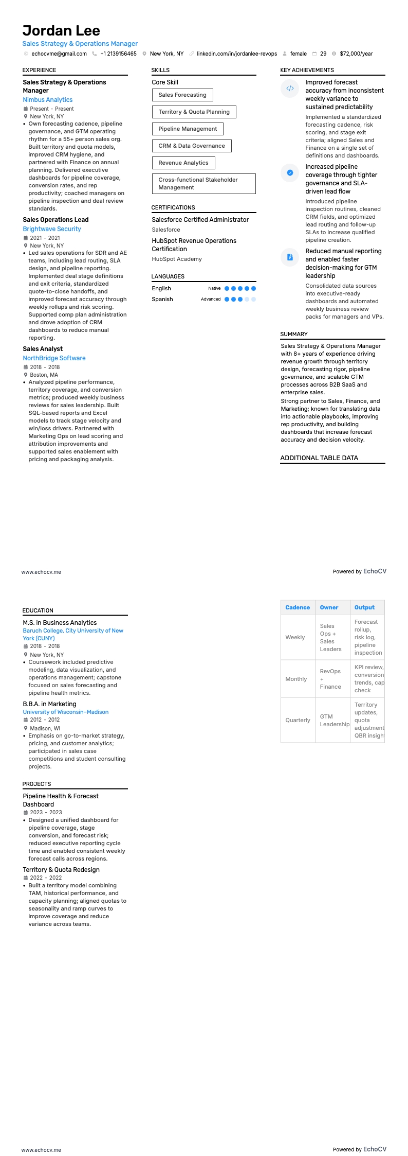 Gerente de Estrategia y Operaciones de Ventas example resume