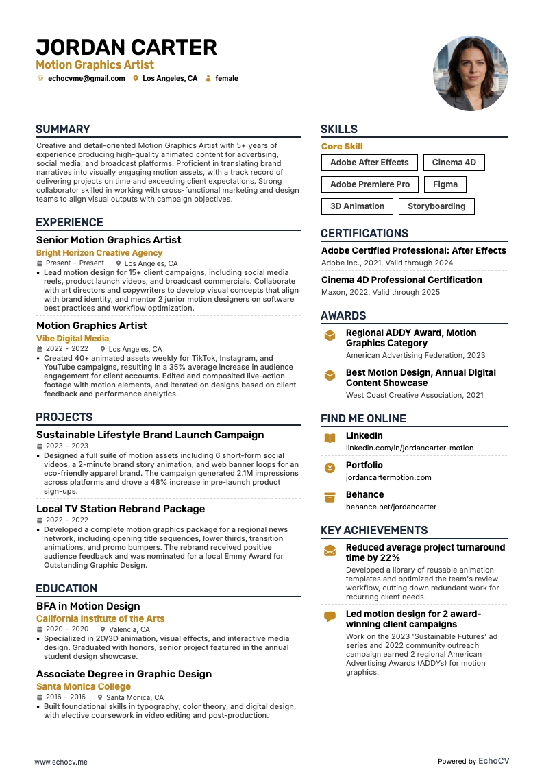 Motion Graphics Artist example resume