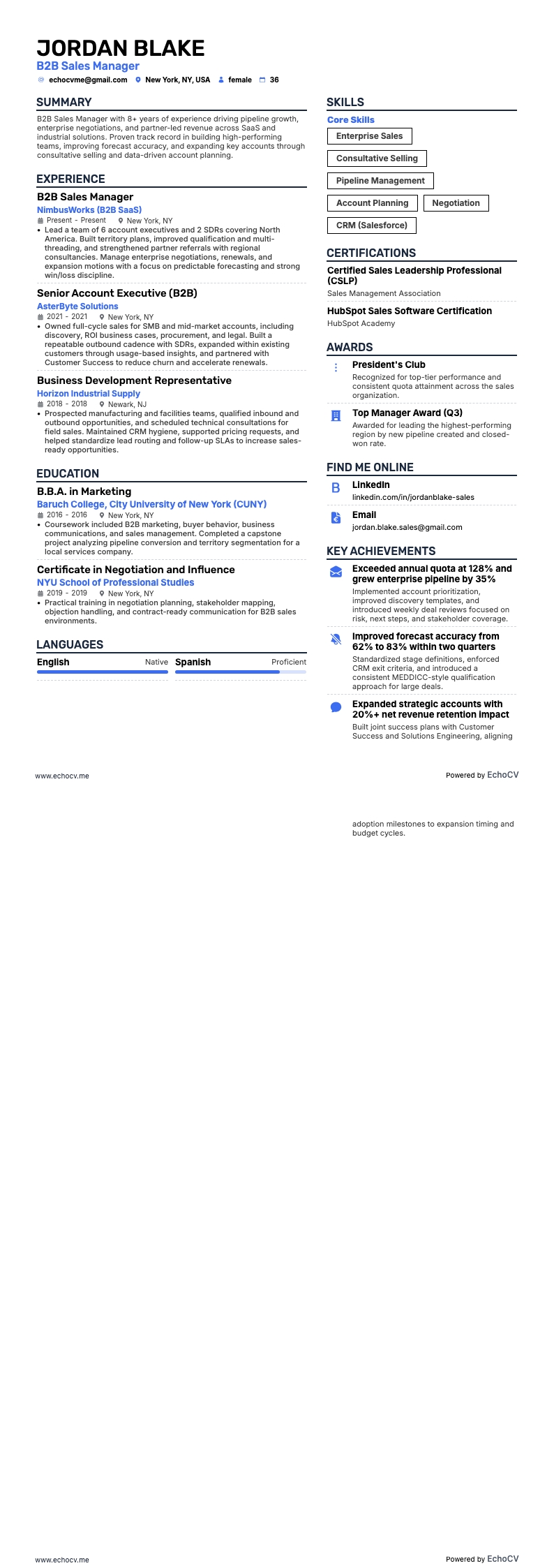 Gerente de Ventas B2B example resume