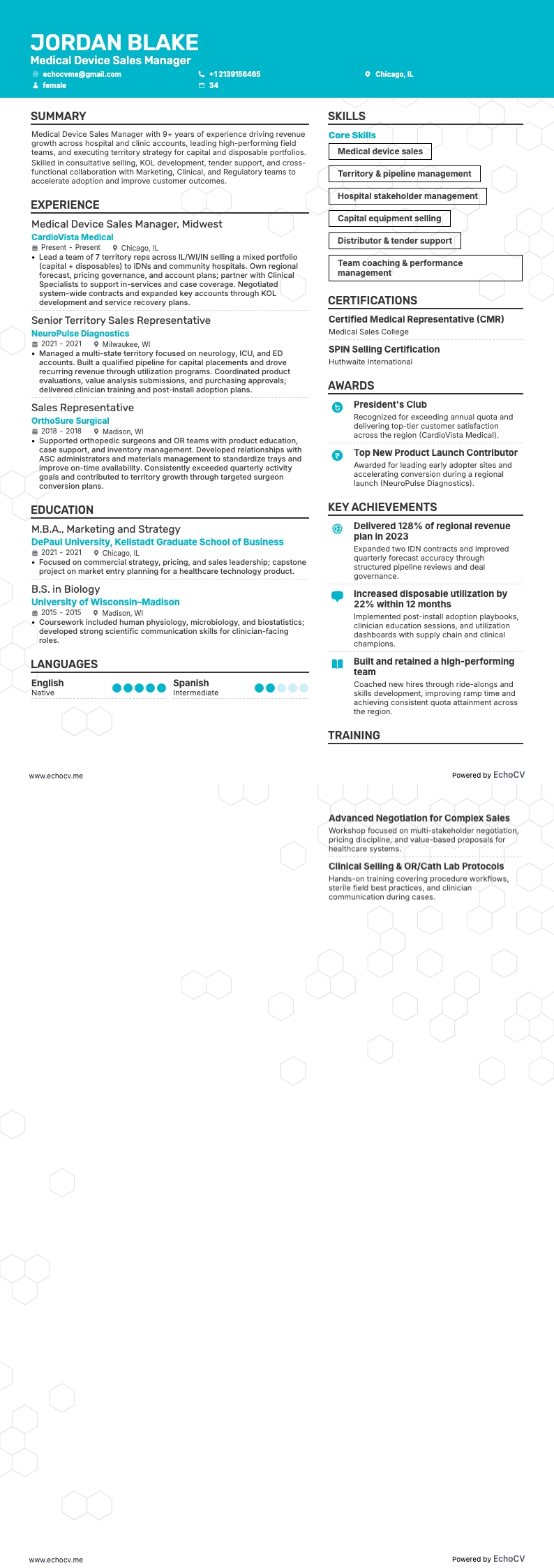 Gerente de ventas de dispositivos médicos example resume