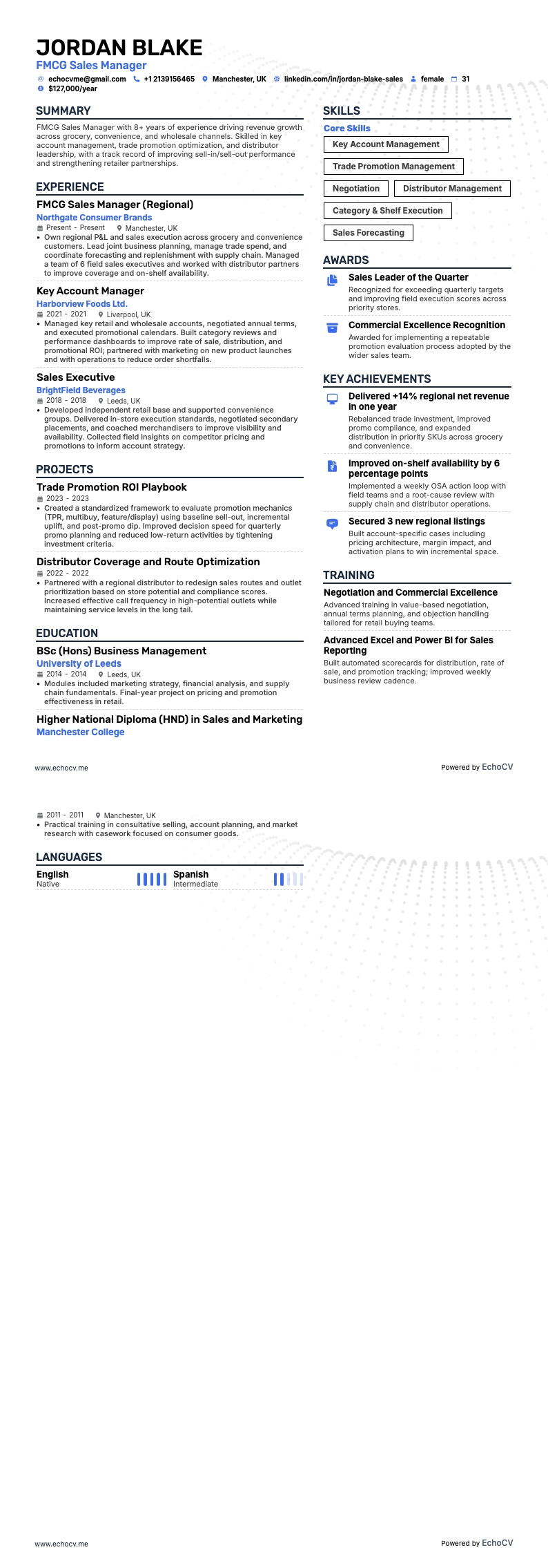 Gerente de Ventas de FMCG example resume