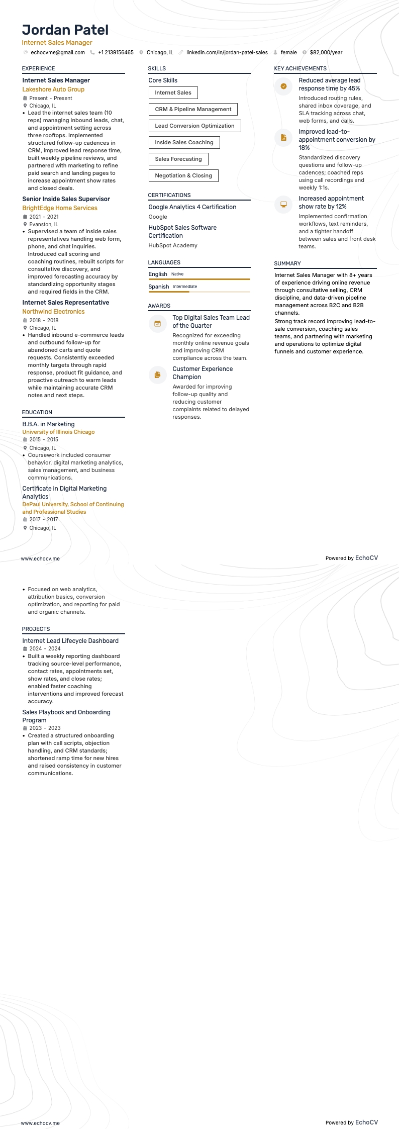 Gerente de ventas por internet example resume