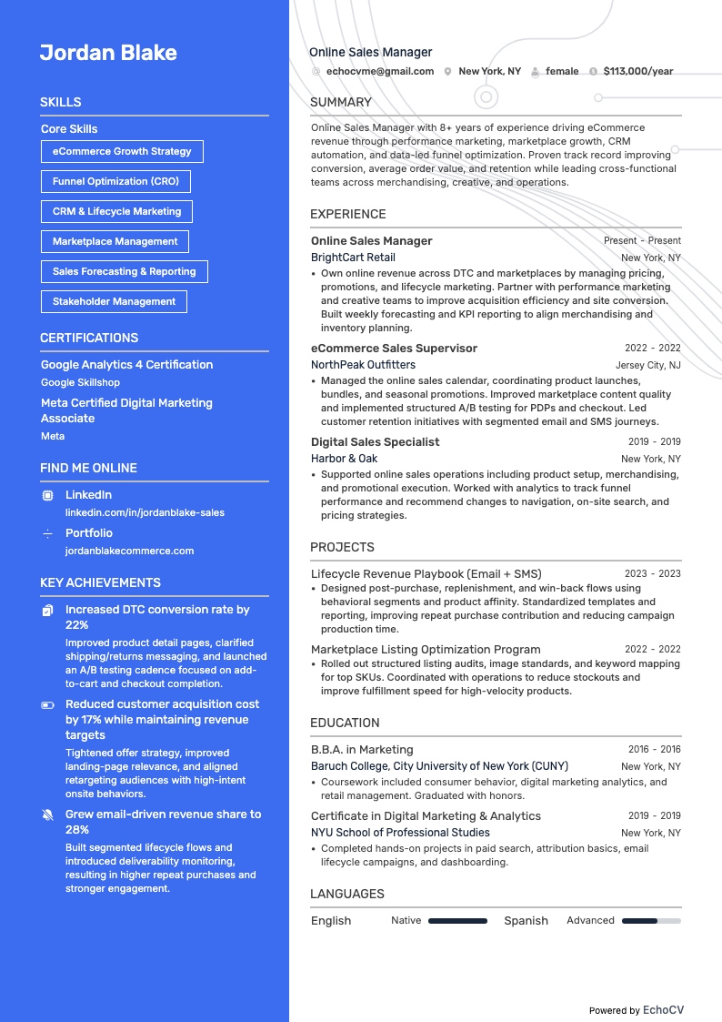 Gerente de Ventas resume example