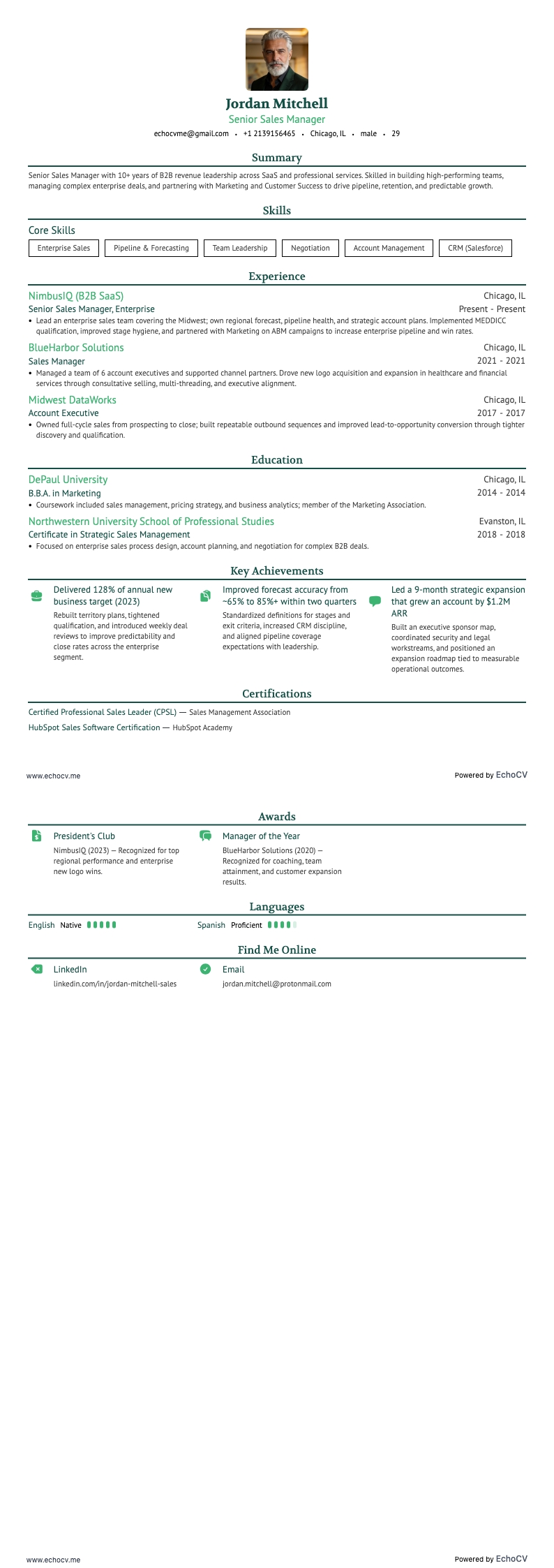 Gerente Sénior de Ventas example resume