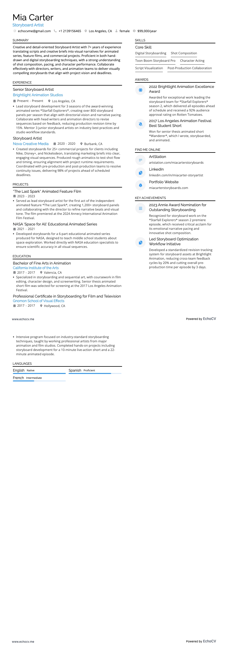 Storyboard Artist example resume