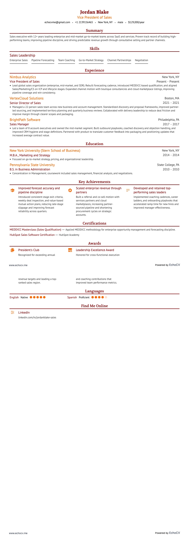 Vista previa completa de Vicepresidente de Ventas