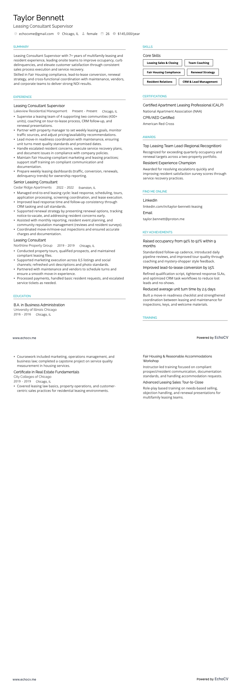 Superviseur des consultants en location example resume