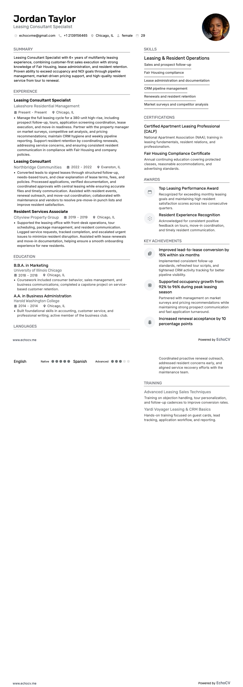 Spécialiste en conseil en leasing example resume