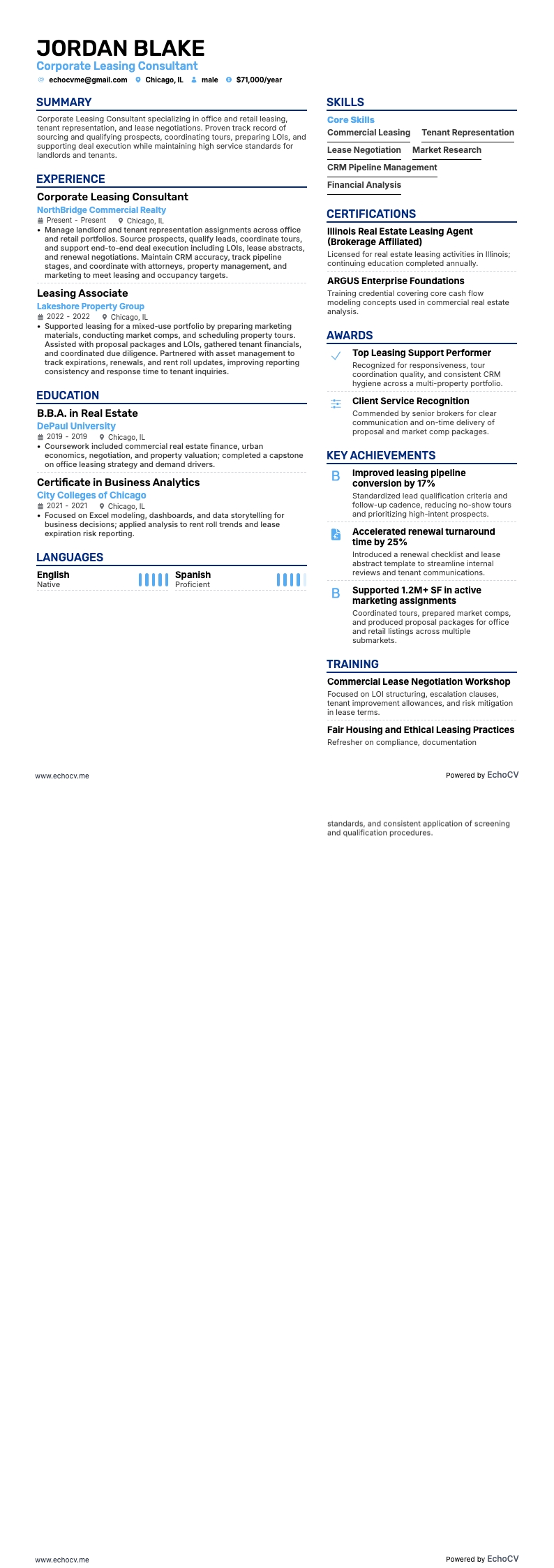 Consultant en location d’entreprise example resume