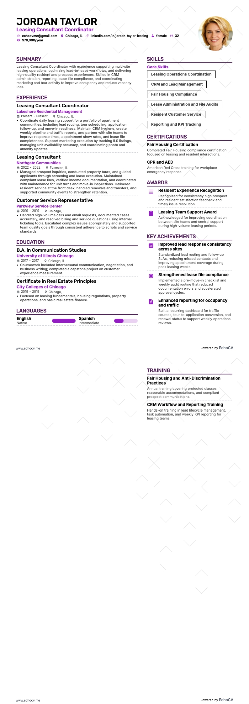 Coordinateur de conseillers en location example resume