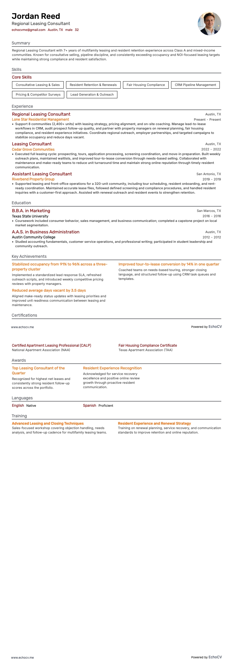 Consultant régional en location example resume