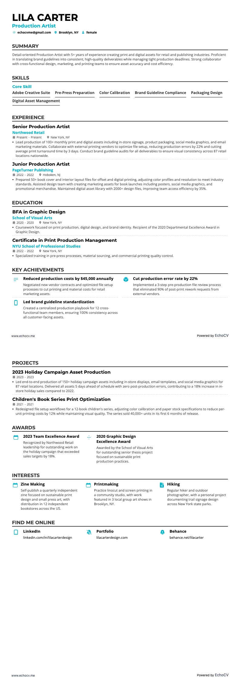 Production Artist example resume