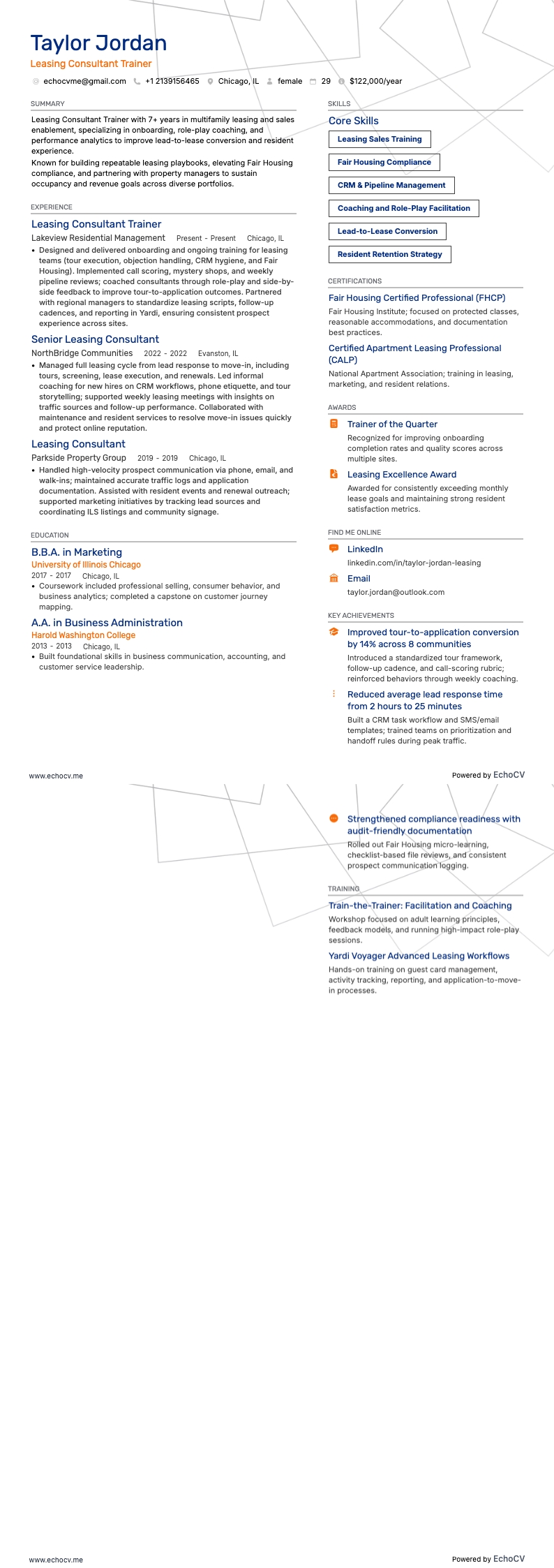 Formateur de conseillers en location example resume