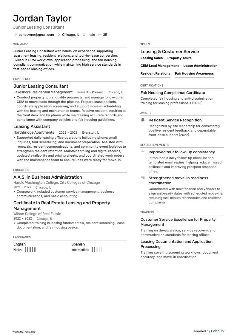 Consultant junior en location example resume