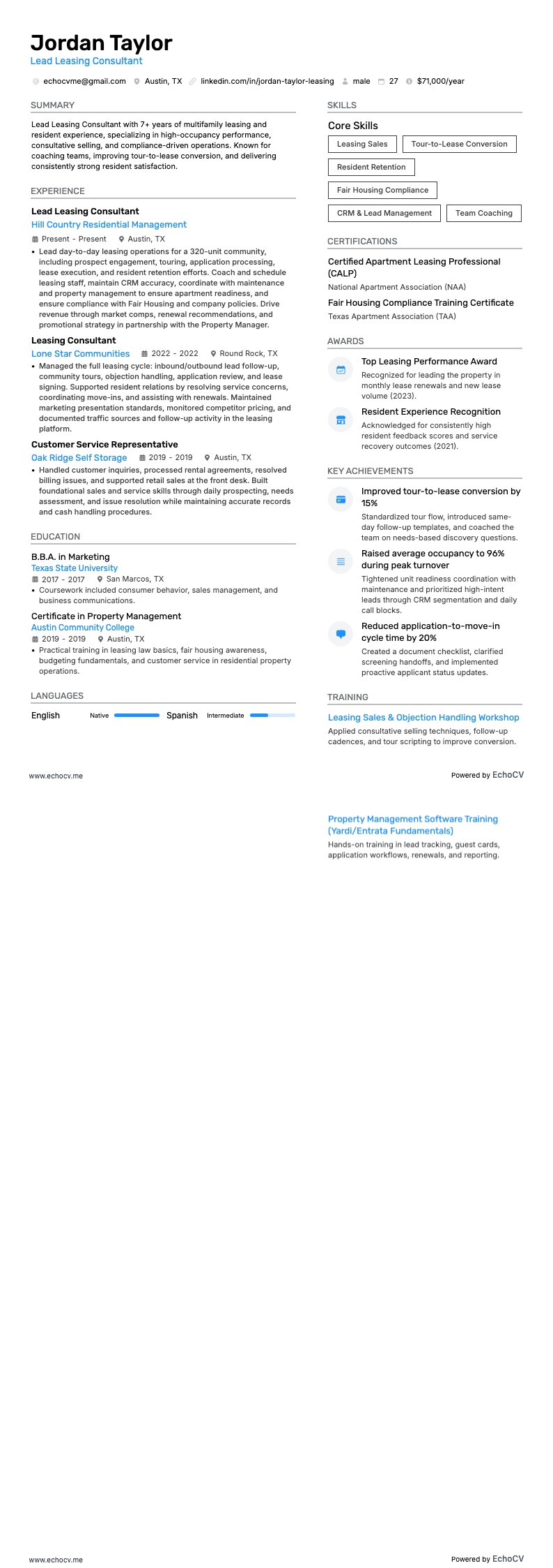 Consultant principal en location example resume