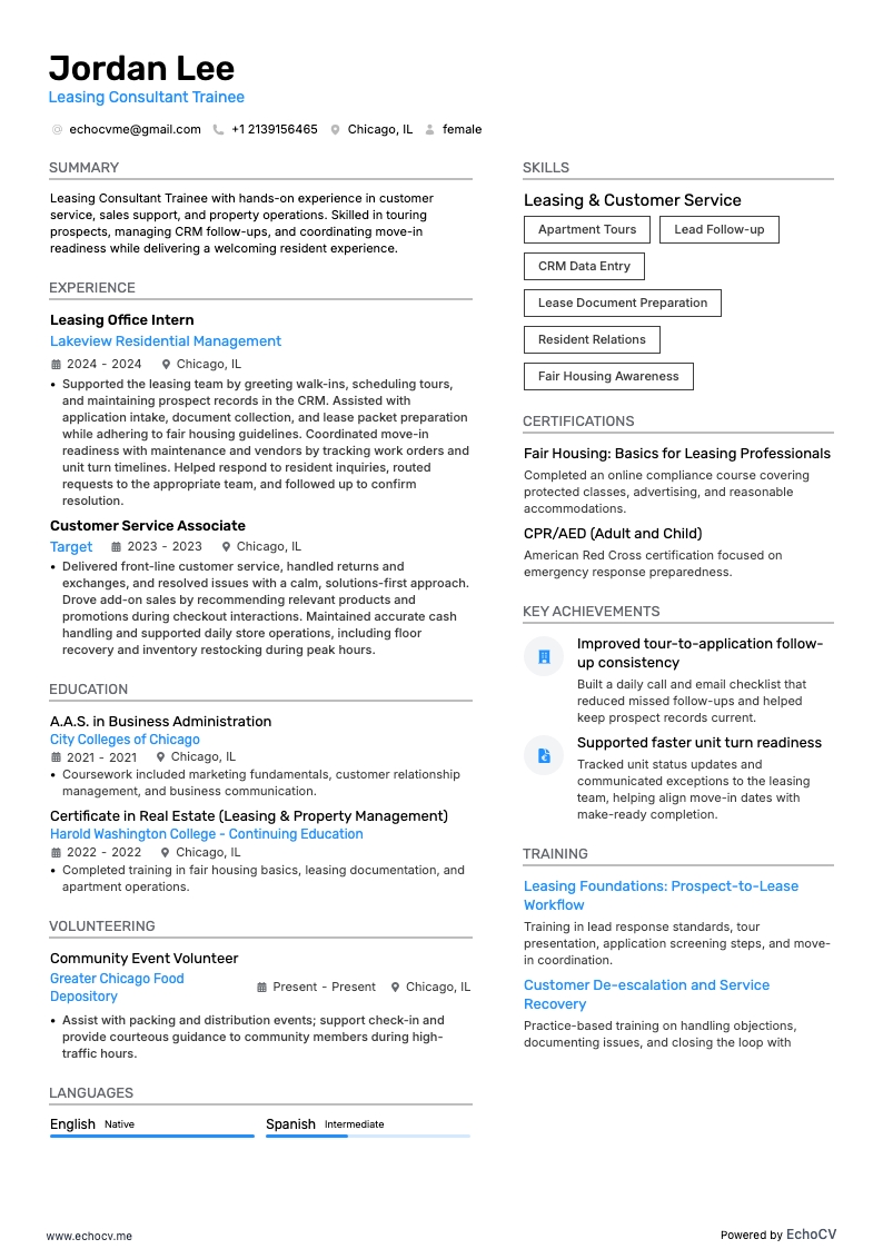 Consultant en location stagiaire example resume