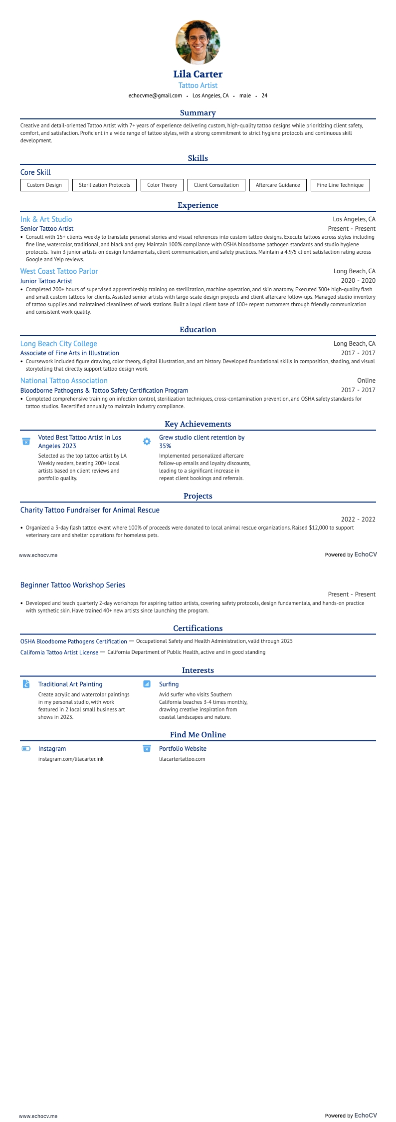 Tattoo Artist example resume