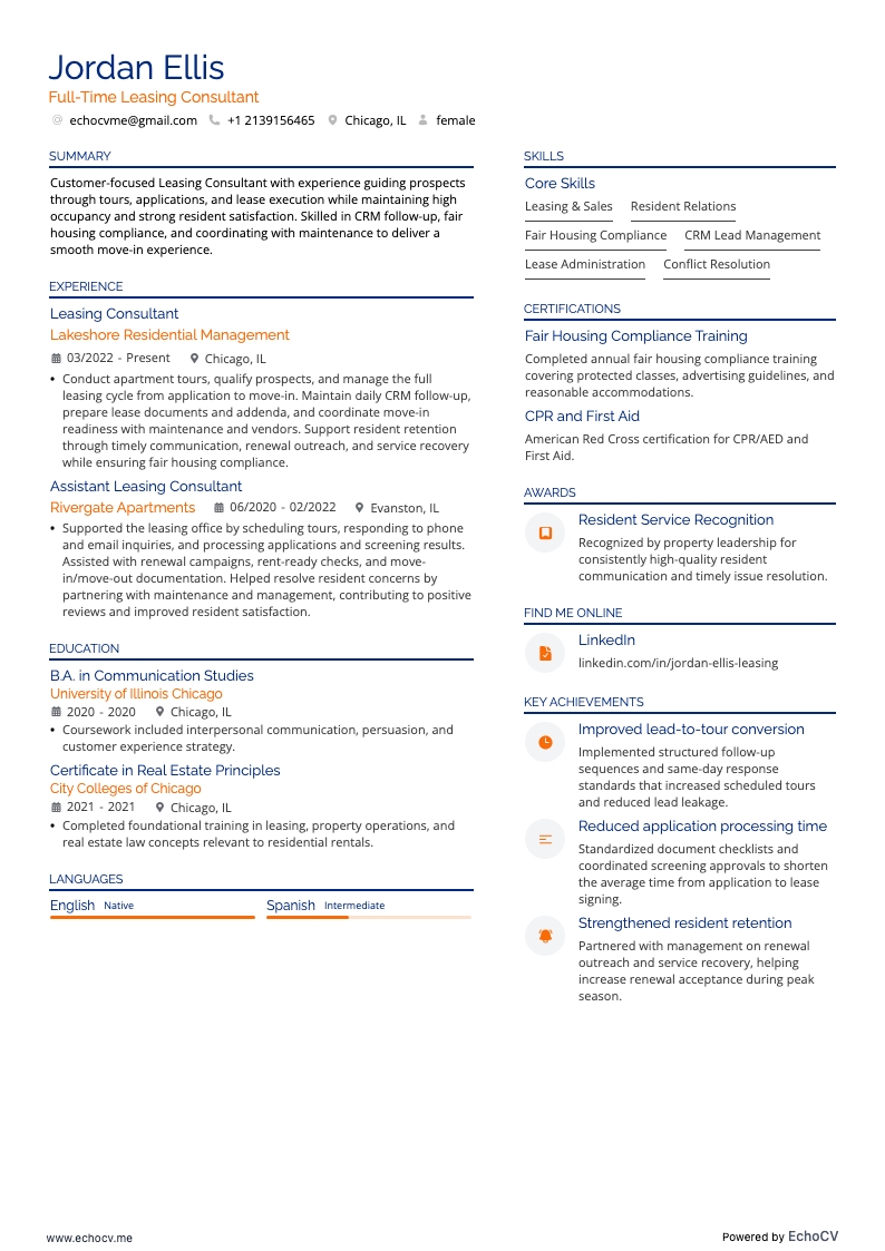 Conseiller en location à temps plein example resume