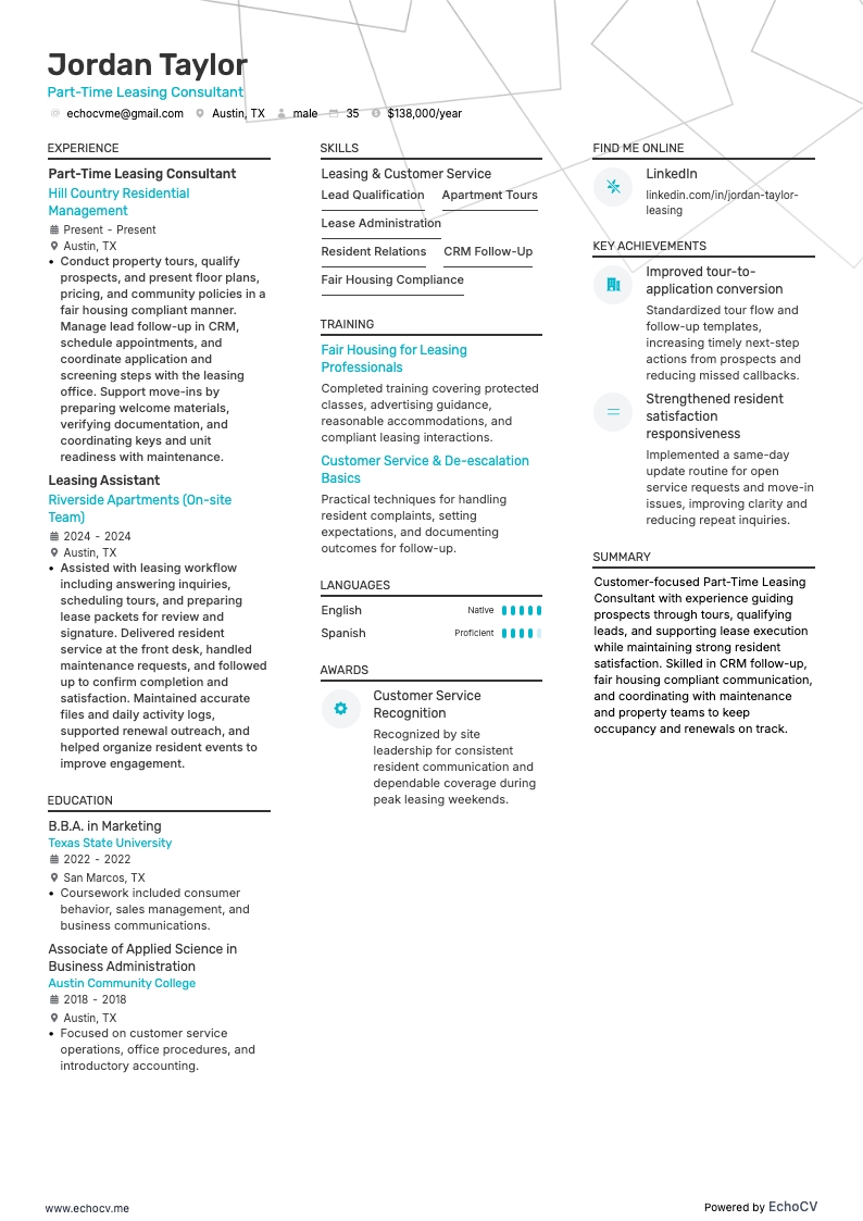 Aperçu complet de Conseiller en location à temps partiel