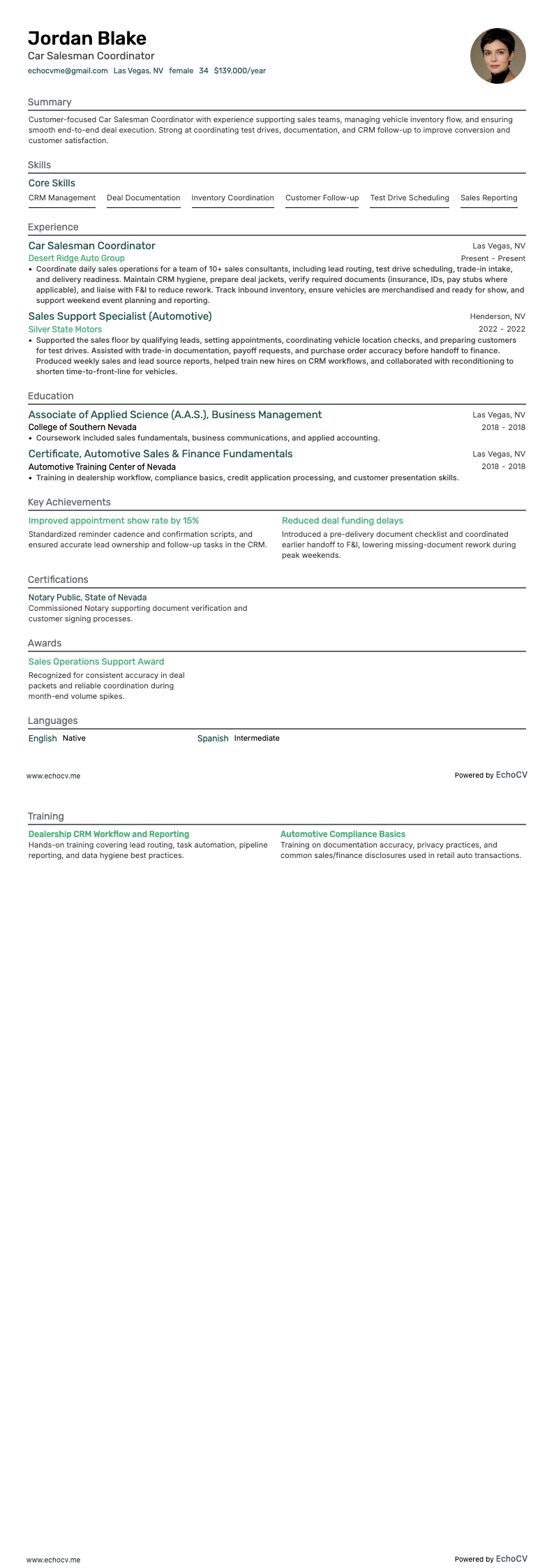 Car Salesman Coordinator example resume