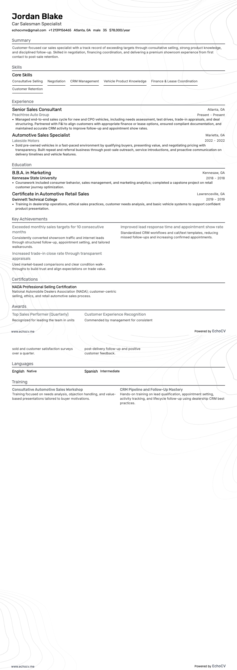 Car Salesman Specialist example resume