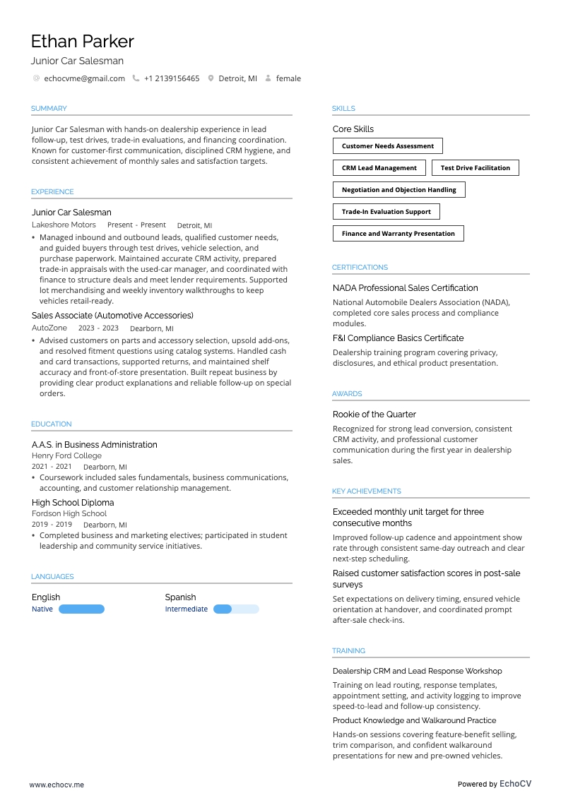 Junior Car Salesman example resume
