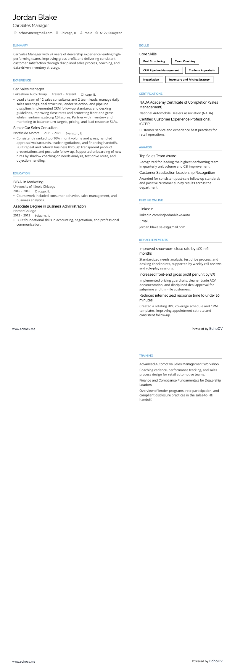 Car Salesman Manager example resume