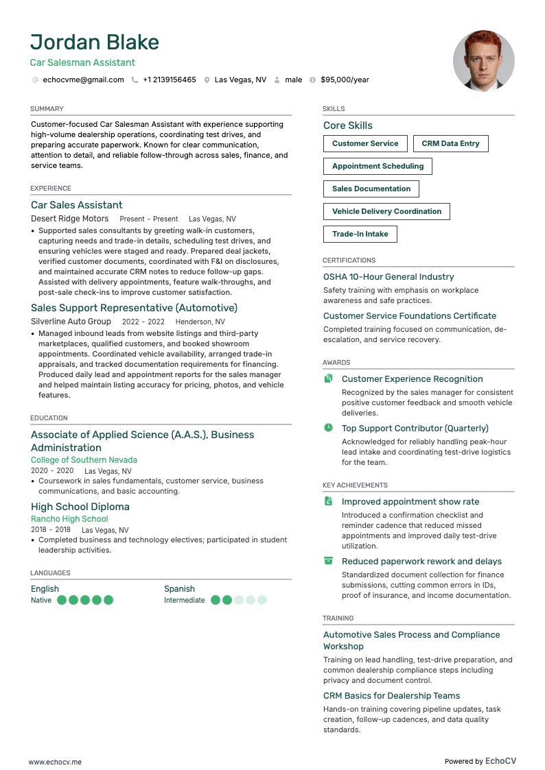 Car Salesman Assistant example resume