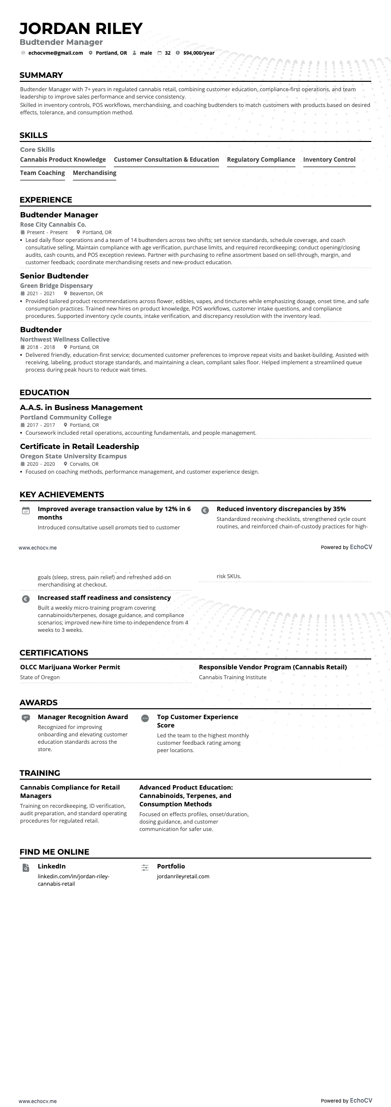 버드텐더 매니저 example resume