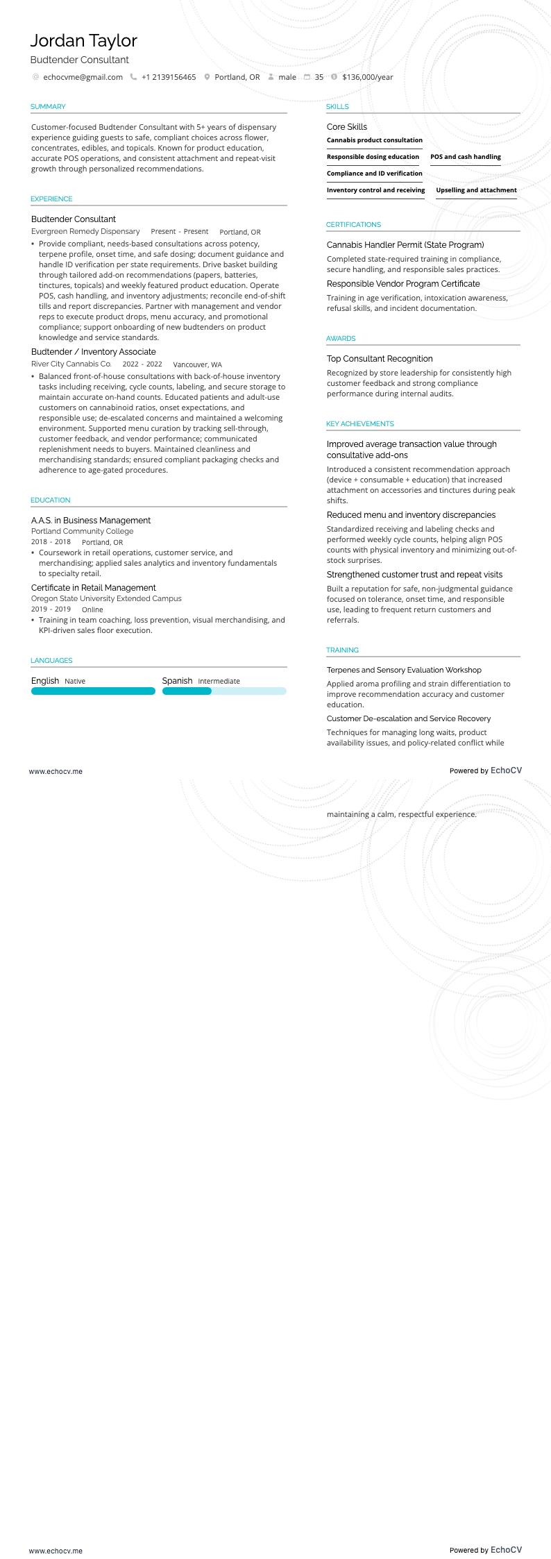 버드텐더 컨설턴트 example resume