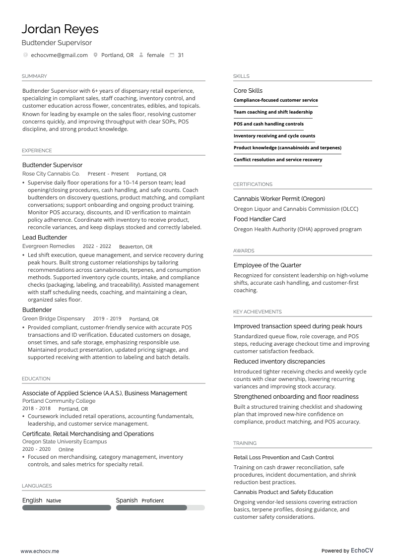 Budtender resume example
