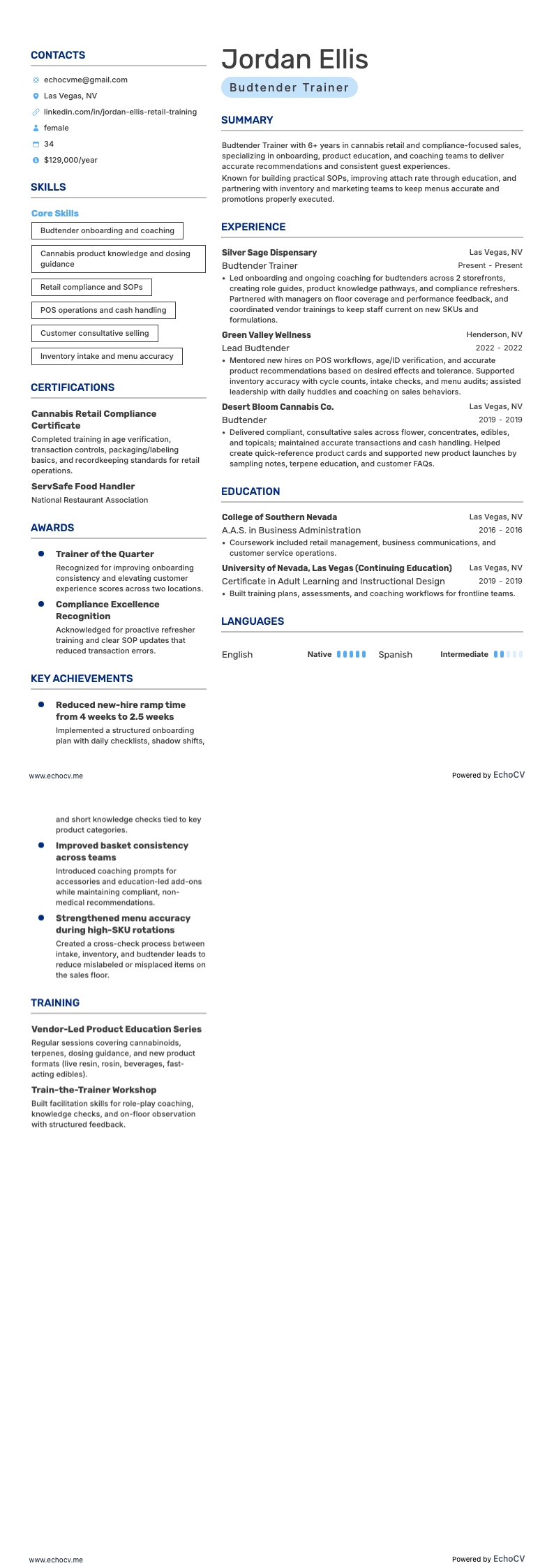 버드텐더 트레이너 example resume