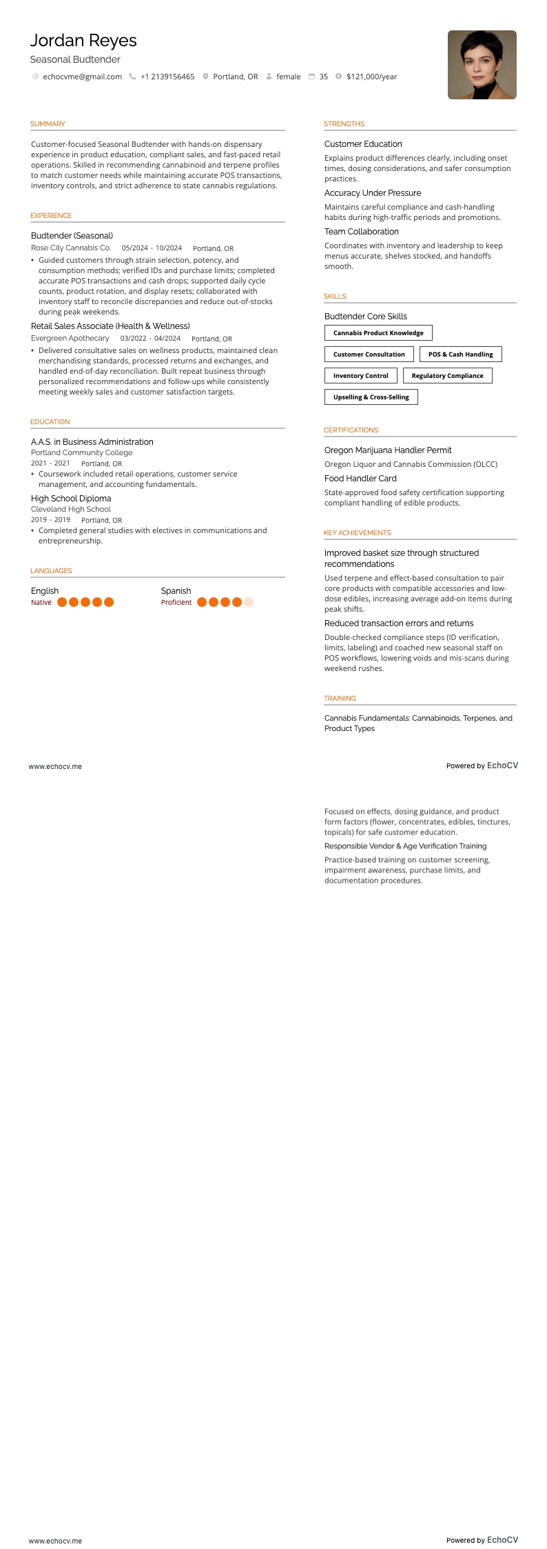 시즌 버드텐더 example resume