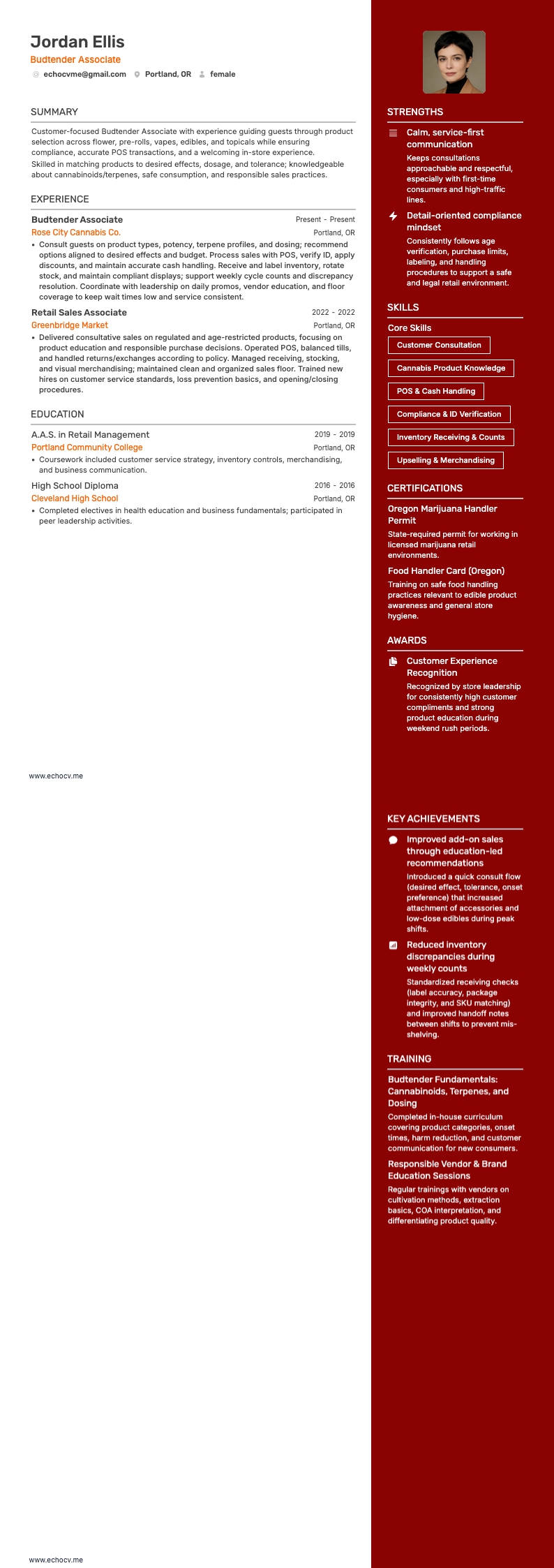 버드텐더 resume example