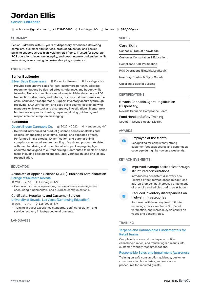 Budtender resume example