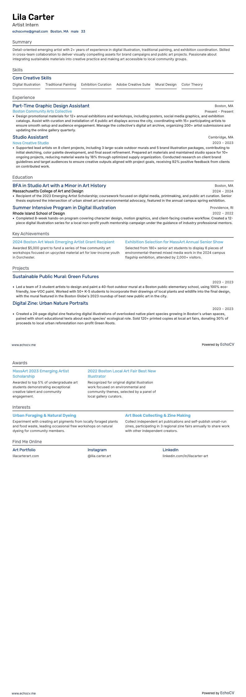 Artist Intern example resume