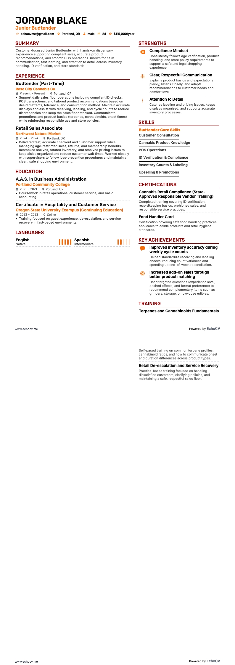 Budtender junior resume example