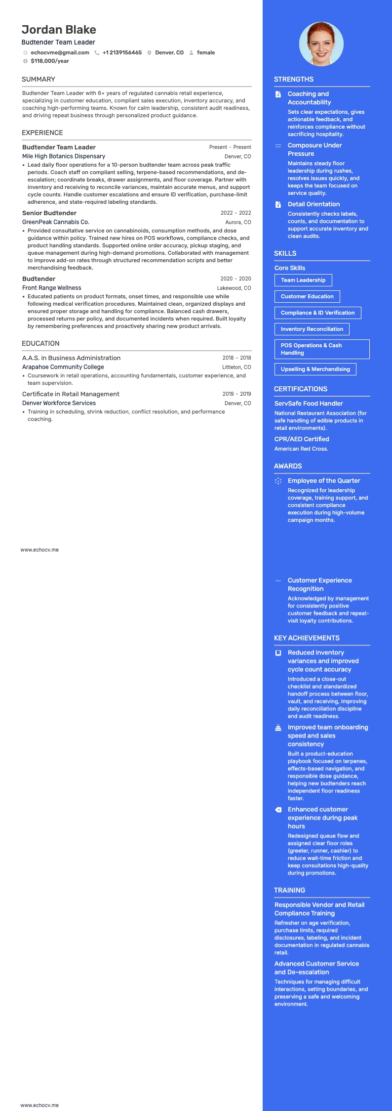 버드텐더 팀 리더 example resume