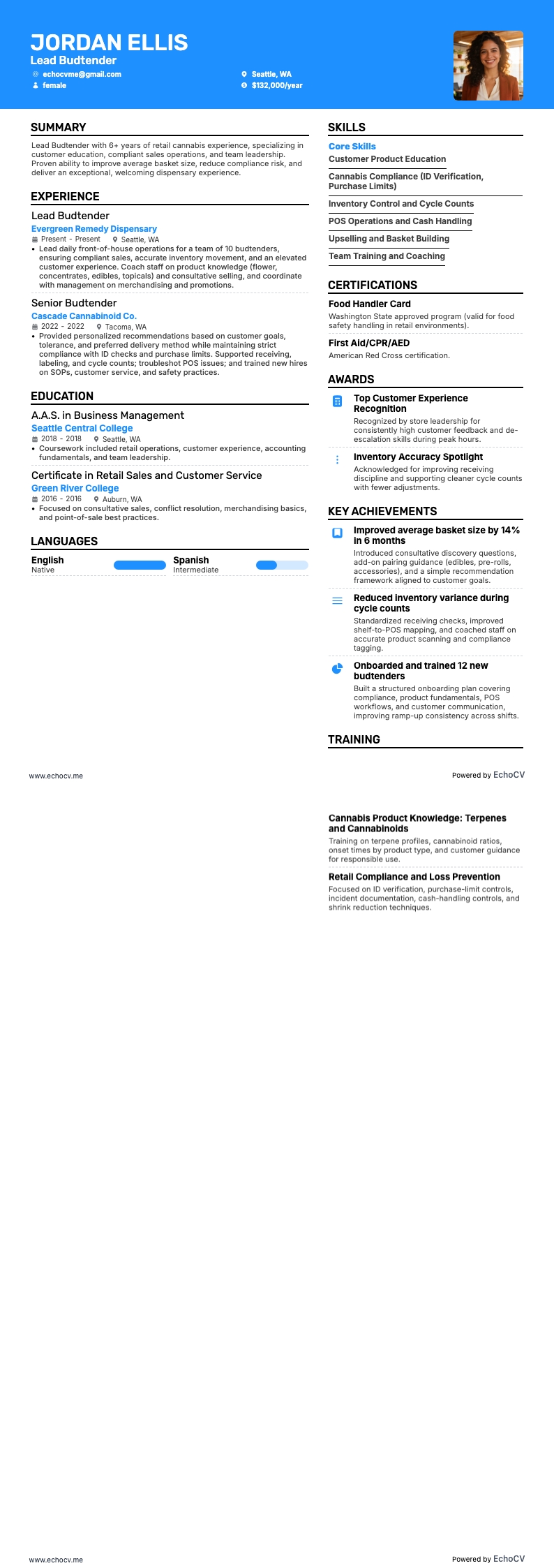 수석 버드텐더 example resume