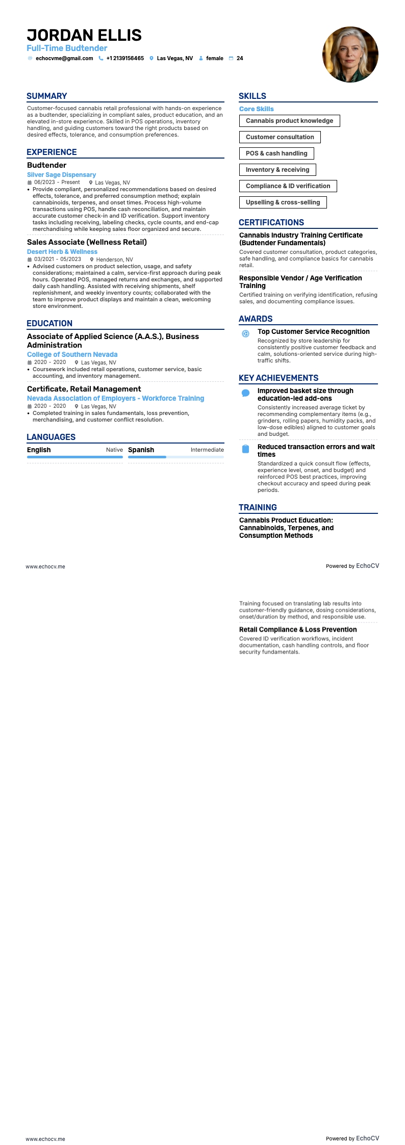 정규직 버드텐더 example resume