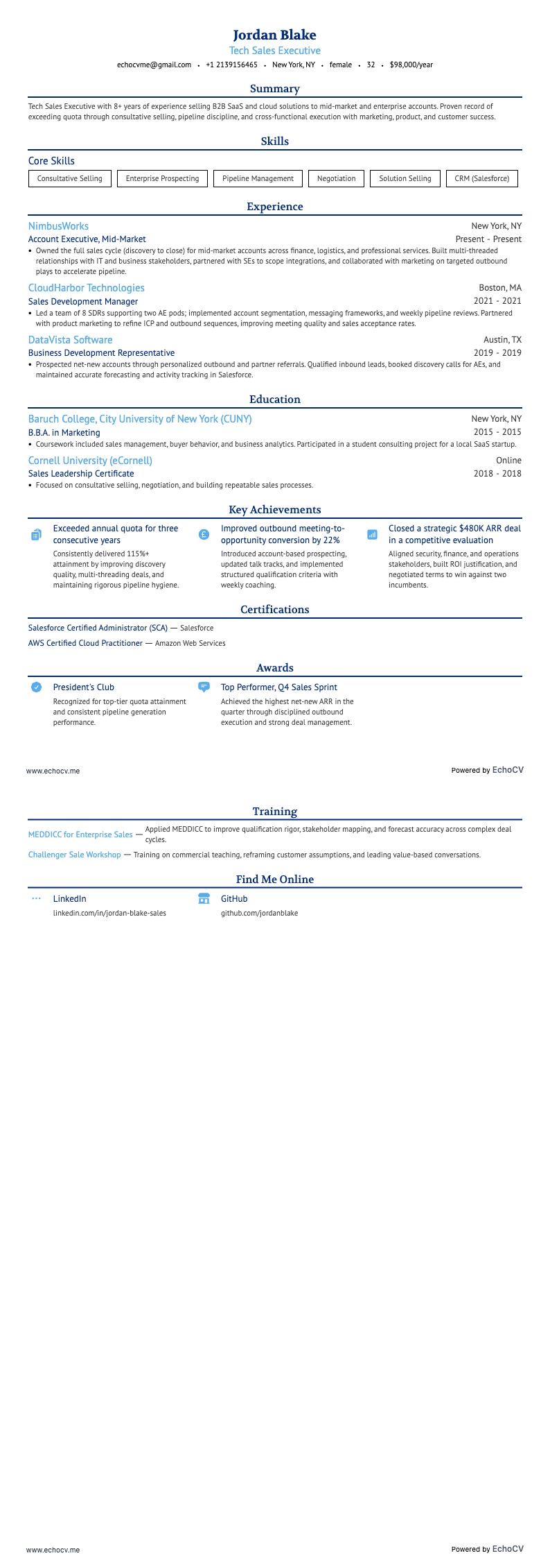 Executivo de Vendas de Tecnologia example resume