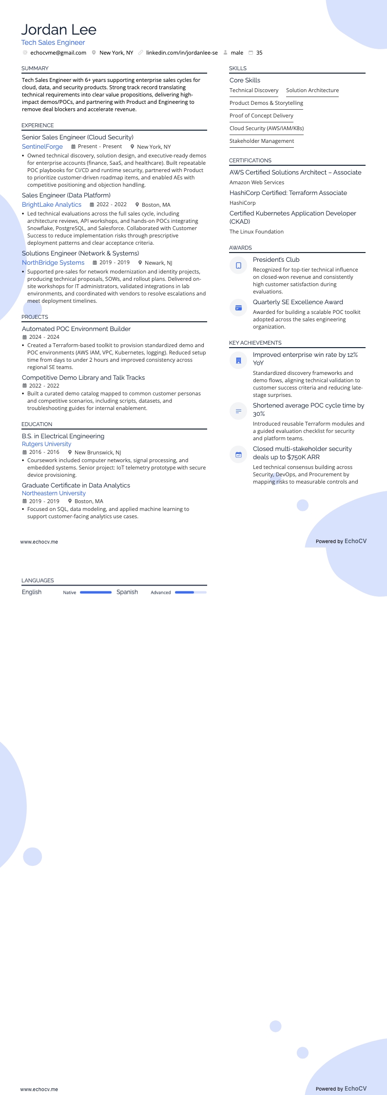 Engenheiro de vendas técnicas example resume