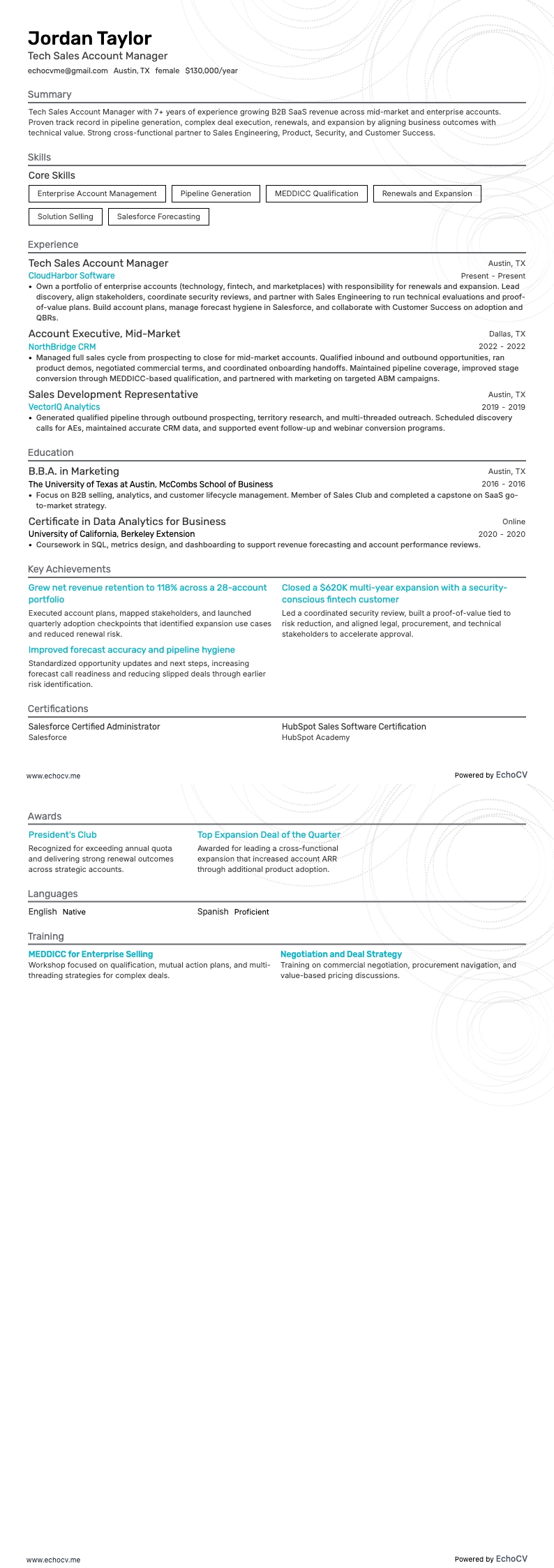 Gerente de contas de vendas tech example resume