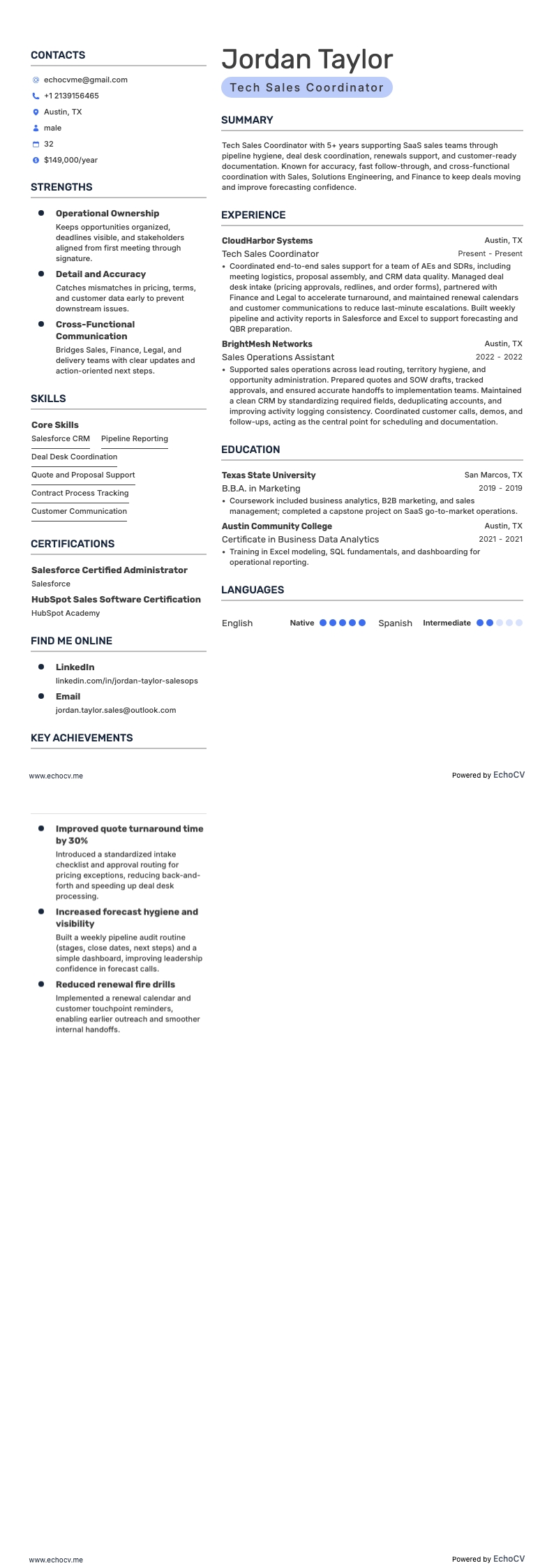 Coordenador de Vendas de Tecnologia example resume