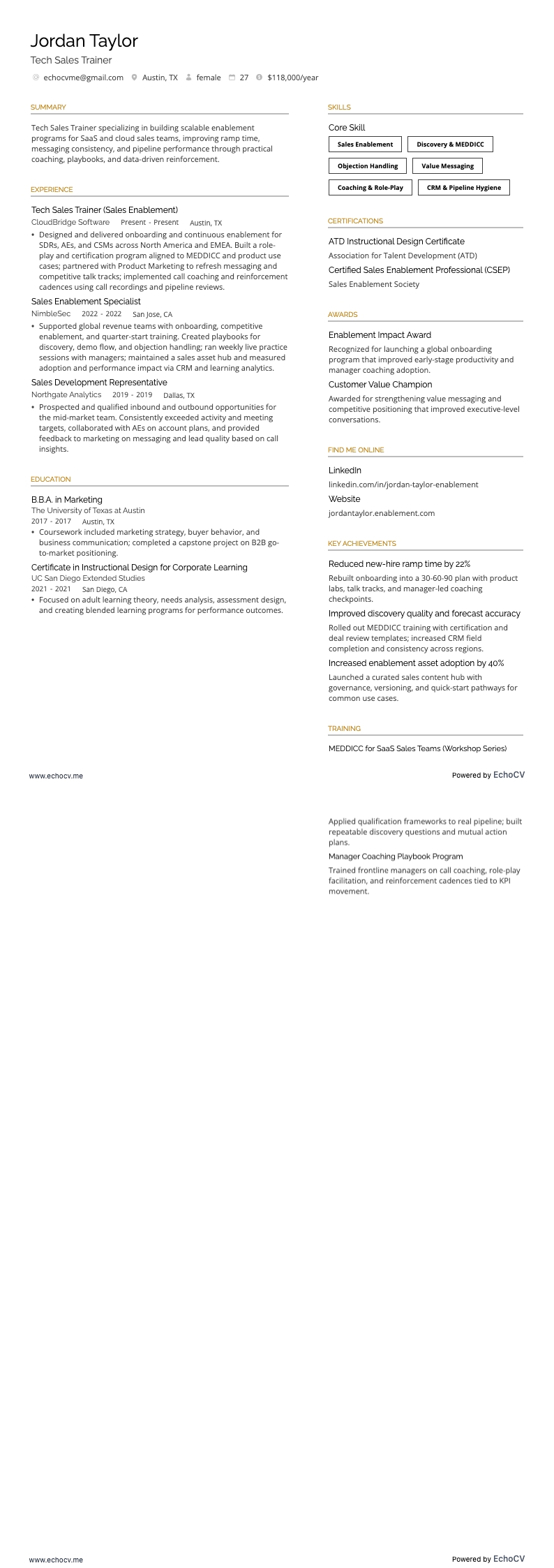 Formador de vendas de tecnologia example resume