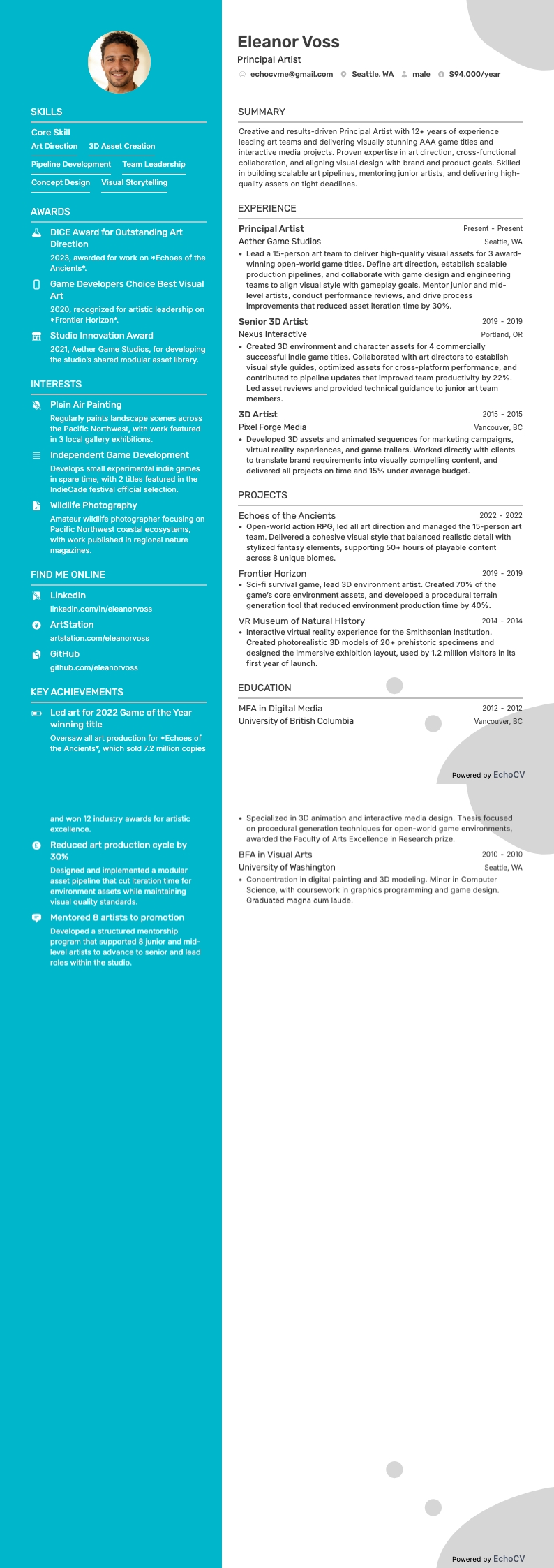 Principal Artist example resume