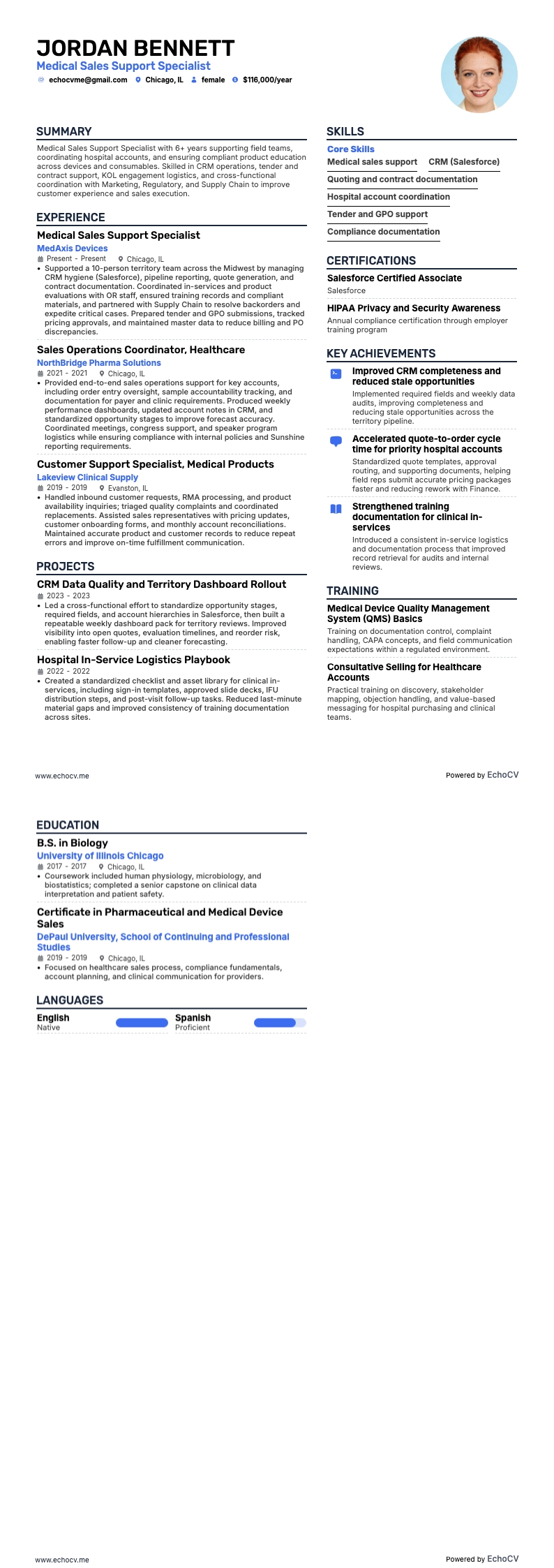 Medical Sales Support Specialist example resume
