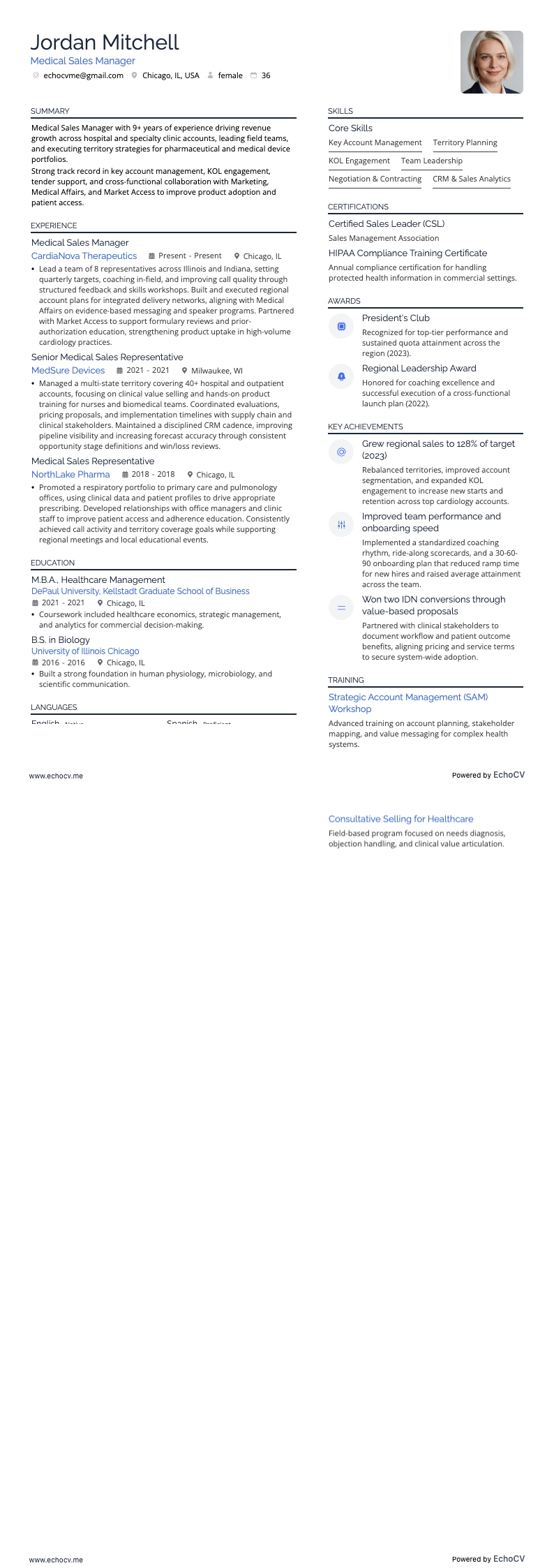 Medical Sales Manager example resume