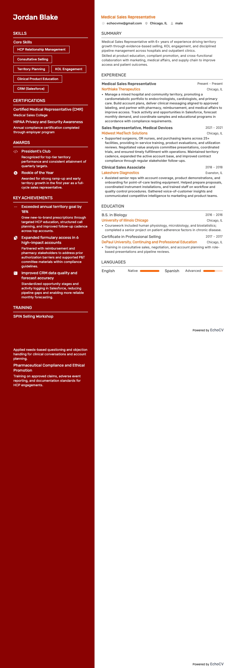 Medical Sales Representative example resume