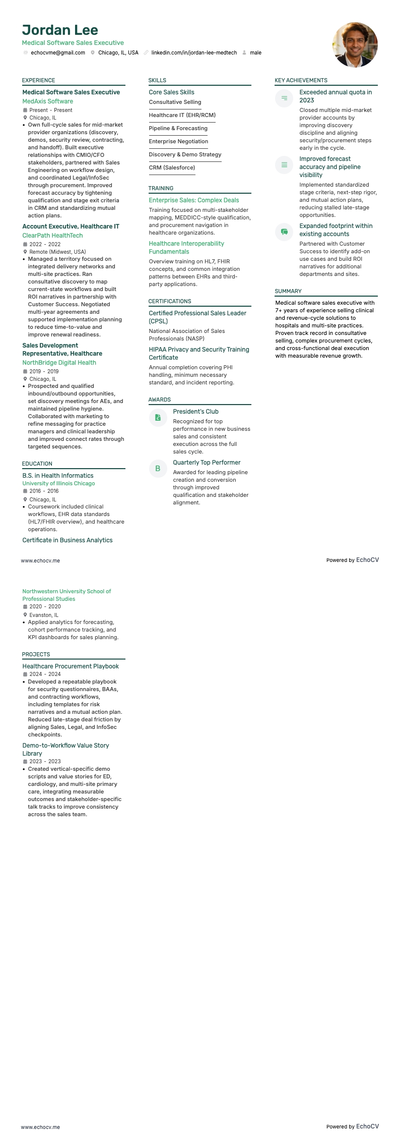 Medical Software Sales Executive example resume